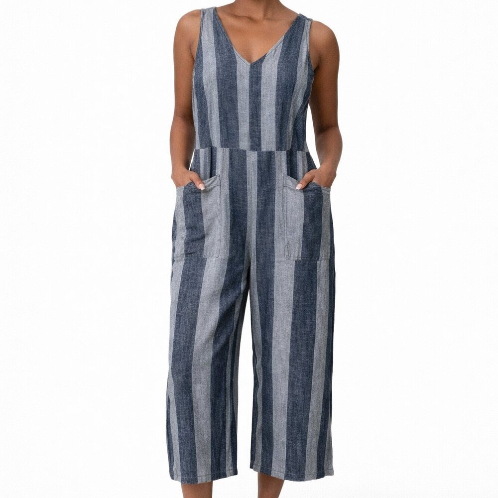 Beach Lunch Lounge Linen Blend Romper Size Small Blue Striped Wide Leg Cropped